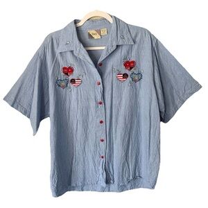 VTG S.M.B. Women's Chambray Shirt Plus Size 2X Embroidered Heart Patches BU